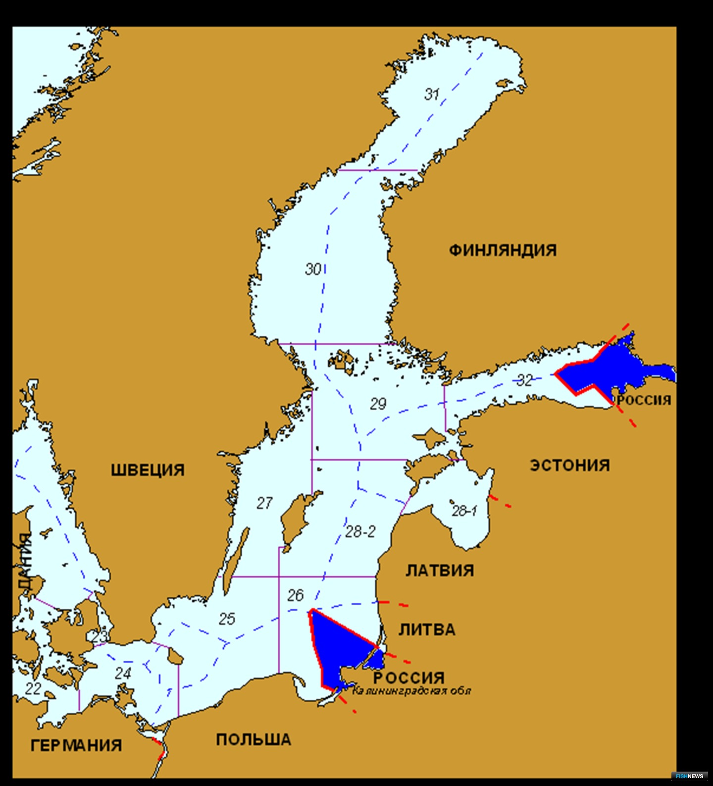 Карта подрайонов ИКЕС и исключительных экономических зон государств Балтийского региона