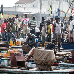 Промысловые суда «похищают» рыбу у ганских рыбаков, ведущих промысел на каноэ. Фото EJF