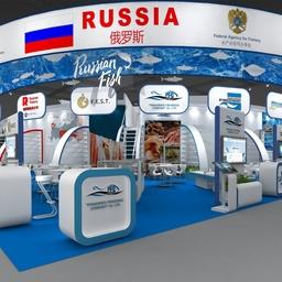 Макет объединенного российского стенда на China Fisheries & Seafood Expo. Изображение предоставлено пресс-службой ГК «Приморская рыболовная компания»