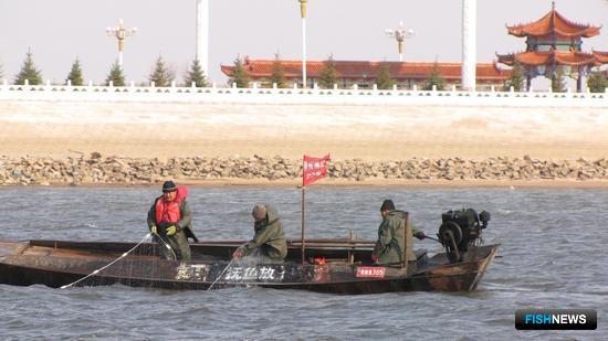 Рыболовецкая джонка с красным флагом на научном вылове рыбы. Фото Амурского ТУ Росрыболовства.