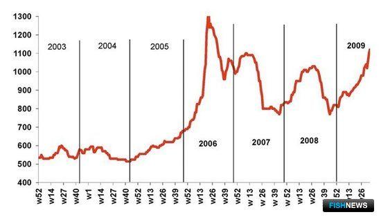 Рис. 6. Динамика цены на рыбную муки в 2003-2009 гг., долл./тн. 