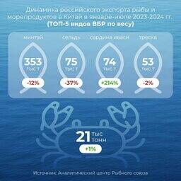 Динамика российского экспорта рыбы и морепродуктов в Китай в январе-июле 2023-2024 г. Топ-5 видов ВБР по весу. Предоставлено Аналитическим центром Рыбного союза