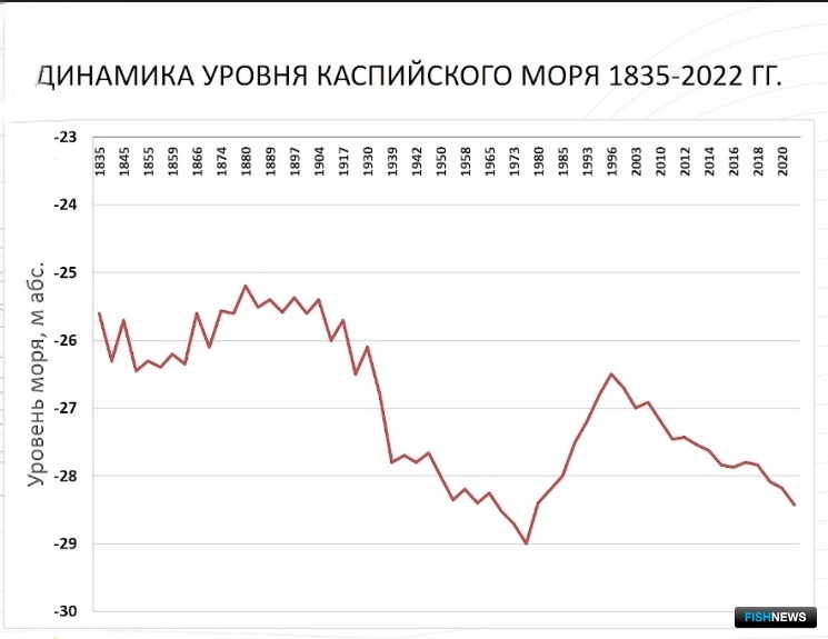 Динамика уровня Каспийского моря с 1835 г. Уровень снижался до середины 1970-х гг., потом резко повысился — по мнению науки, благодаря берегозащитным мероприятиям. Достигнув пика в 1995 г., далее уровень неуклонно снижается 