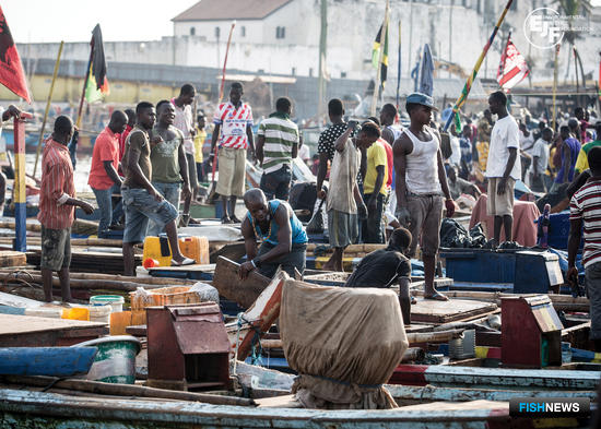 Промысловые суда «похищают» рыбу у ганских рыбаков, ведущих промысел на каноэ. Фото EJF