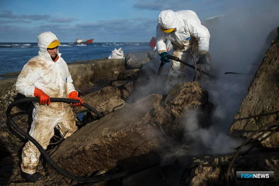 От нефтепродуктов очистили берег напротив судна. Фото пресс-службы правительства Сахалинской области