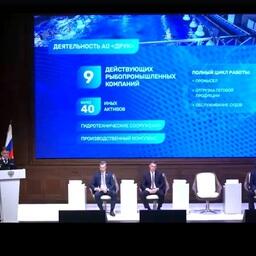 На расширенном заседании коллегии Росрыболовства глава ведомства Илья ШЕСТАКОВ рассказал о планах по развитию Дальневосточной рыбопромышленной управляющей компании. Кадр видео федерального агентства