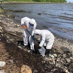 На Камчатке в бухте Крашенинникова береговую линию очищают от мазута. Фото пресс-службы МЧС России