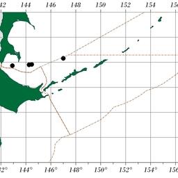 Районы обнаружения скоплений сардины иваси НИС «ТИНРО» при выполнении поисковых работ 1-3 сентября 2025 г. Изображение предоставлено пресс-службой филиала