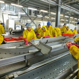 Переработка лосося на заводе в Сахалинской области