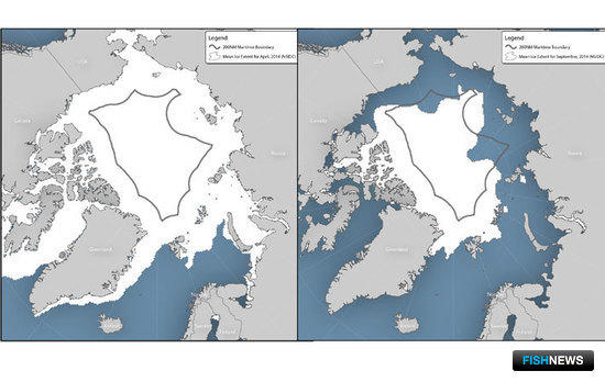 Слева - район открытого моря в центральной части Северного Ледовитого океана.
Справа - зоны, свободные ото льда, в Центральной Арктике в сентябре 2012 г.