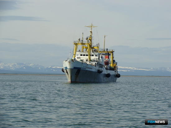 Рыбацкое судно ведет промысел у берегов Камчатки