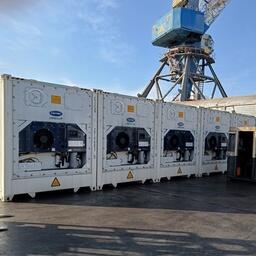 Рефконтейнеры с рыбой ждут погрузки на железнодорожные платформы в порту Владивостока. Архивное фото