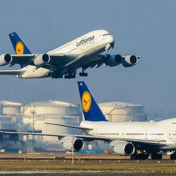 Airbus A380 и Boeing 747-8, принадлежащие компании Lufthansa, в аэропорту Франкфурта. Фото Kiefer («Википедия»)